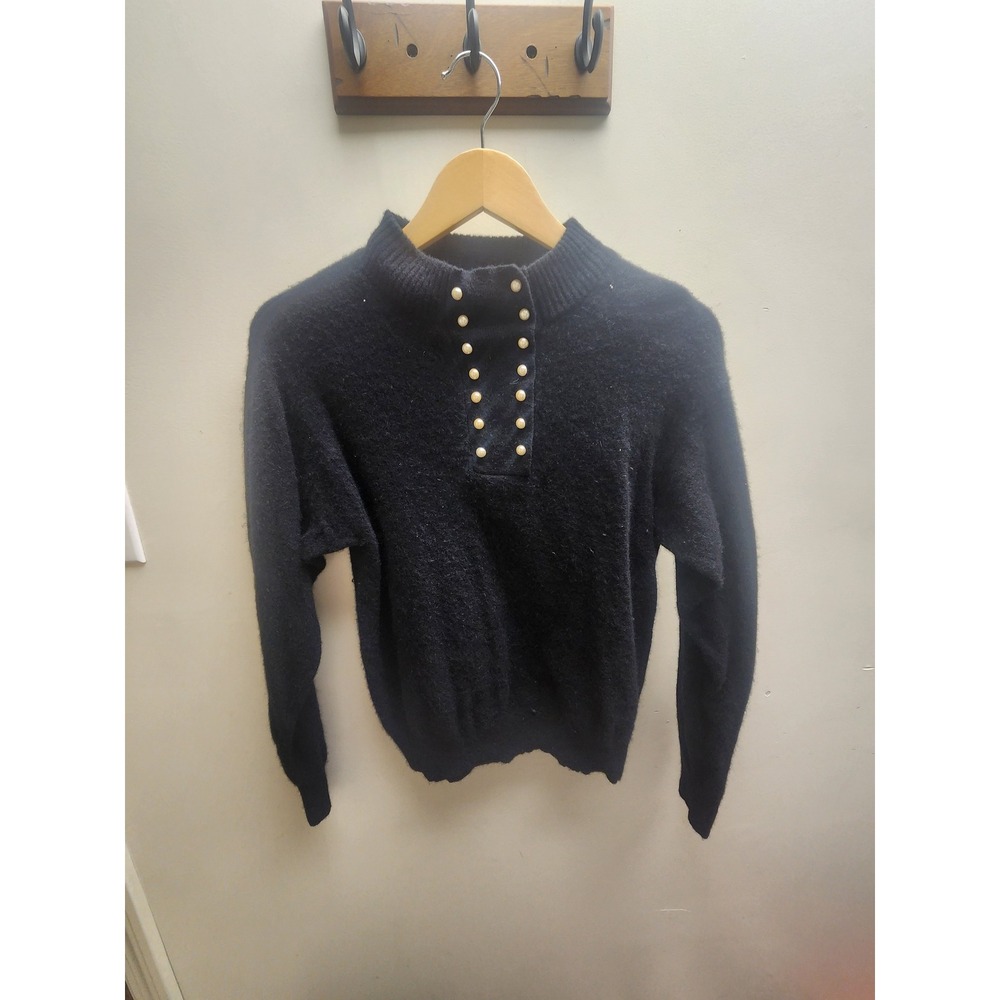Cristina Vintage Black Lambswool Angora Pearl Button Mock Neck Sweater Womens‎ M